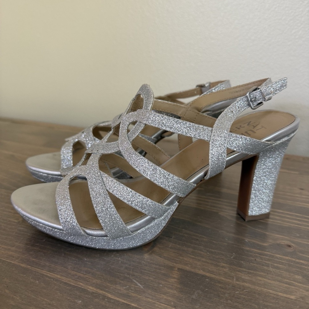 Naturalizer Womens 7M Silver Sparkly Cameron Ankle Strap Sandals Heels Dressy‎ - Picture 2 of 9